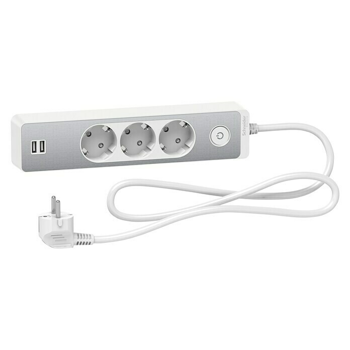 Schneider Electric Base de enchufe múltiple con USB (x 3, Blanco/Plateado, 1,5 m)