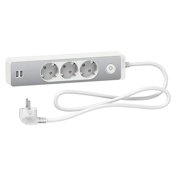Schneider Electric Base de enchufe múltiple con USB - Blanco/Plateado, Longitud del cable: 1,5 m, Con interruptor, 3 ud. - Regleta blanca Schneider con tres enchufes, dos puertos USB, un interruptor de encendido/apagado y un cable blanco.