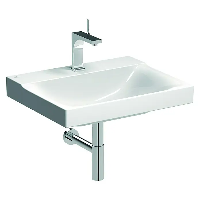 Geberit Xeno² Waschtisch - 60 x 48 cm, Mit schmutzabweisender Glasur, Hahnloch: Mitte, Ohne Überlauf, Weiß - Ein elegantes Waschbecken mit einer modernen Armatur und einem glänzenden Abflussrohr. Das Waschbecken ist aus weißer Keramik gefertigt.