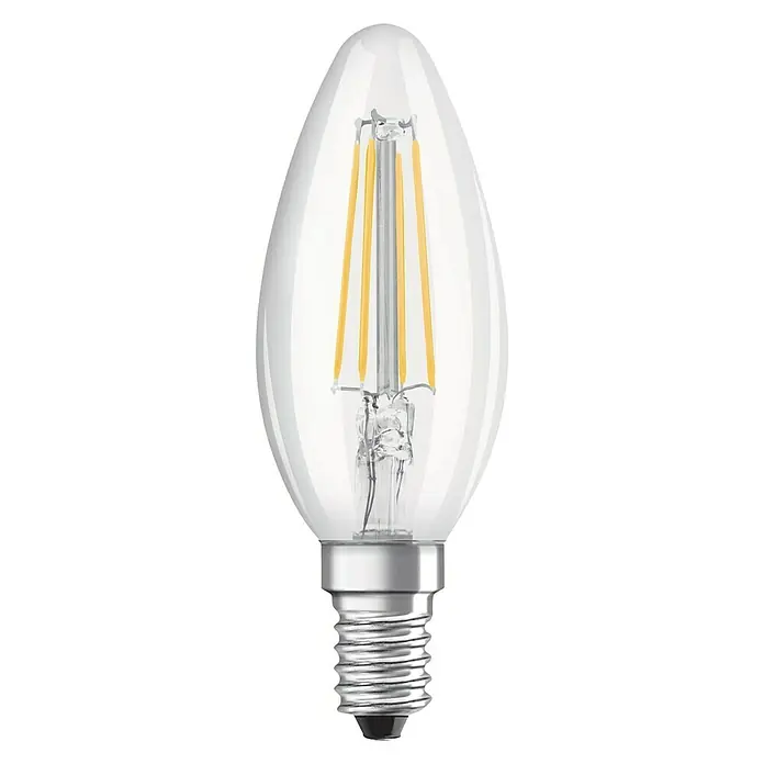 Osram Star LED-Lampen Set Kerzenform E14 matt - E14, Nicht Dimmbar, Warmweiß, 470 lm, 4 W, Klar, 3 Stk. - Abbildung einer Osram LED-Filamentlampe in Tropfenform mit klarem Glas für eine stimmungsvolle Beleuchtung.