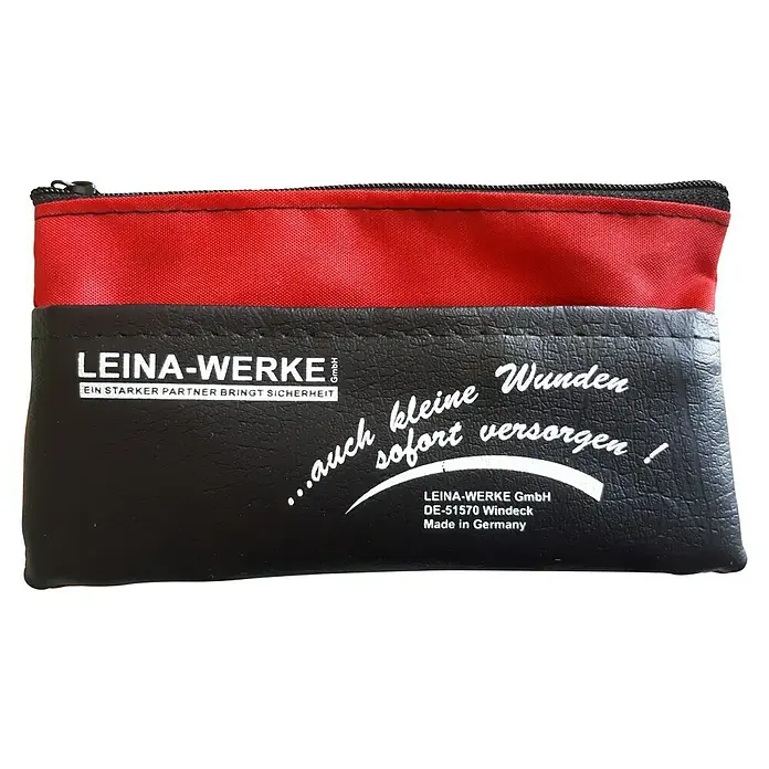 Leina-Werke Erste-Hilfe-Set Mini-Verbandtasche - 170 x 90 x 40 mm - Foto einer zweiteiligen, roten und schwarzen LEINA-WERKE-Tasche mit Reißverschluss, die Erste-Hilfe-Produkte enthält.