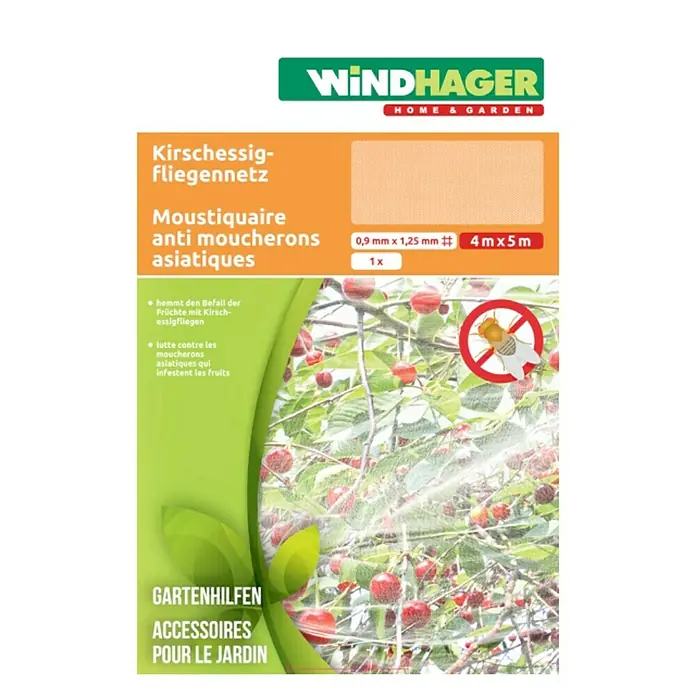 Windhager Insektenschutz-Netz Kirschessigfliege - L x B: 5 x 4 m, Weiß - Produktverpackung für Windhager Kirschessig-Fliegennetz, 4 m x 5 m, zum Schutz von Obst vor Kirschessigfliegen.