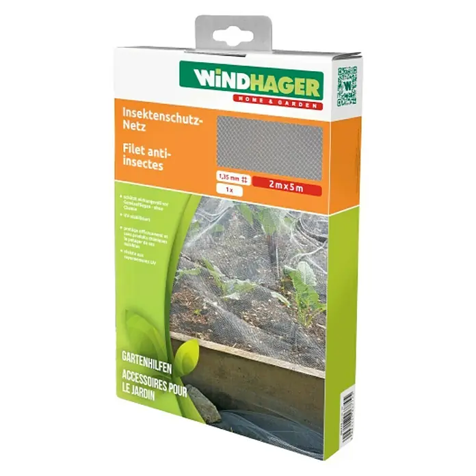 Windhager Insektenschutz-Netz - L x B: 5 x 2 m, Weiß - Bild einer Verpackung für ein Insektenschutznetz von Windhager, ideal für den Schutz des Gartens vor Insekten.