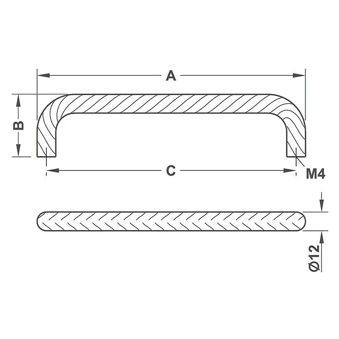 Häfele Tirador para muebles 117.30.316 - L x An x Al: 17,25 x 4 x 1,6 cm, Acero - Dibujo técnico de un tirador de mueble con dimensiones A, B, C, M4 y diámetro 12.\n