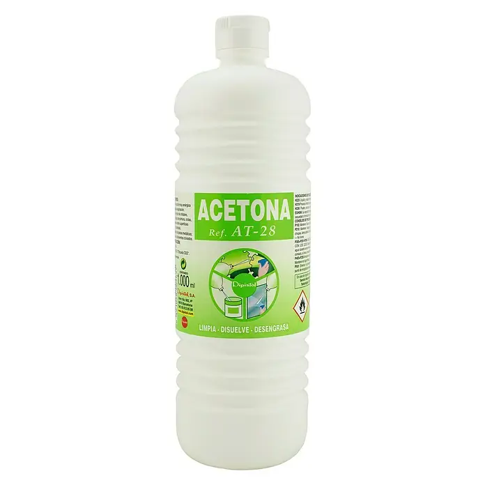 Acetona AT-28 - 1 l - Botella de acetona, un disolvente etiquetado como "Acetona Ref. AT-28", ideal para limpiar, disolver y desengrasar diversas superficies.