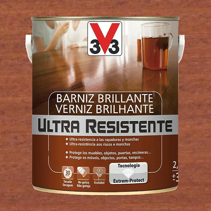 V33 Barniz para madera Brillante Ultra Resistente - Sapelly, Brillante, 2,5 l - Bote de barniz brillante V33, que hace que las superficies sean resistentes y protege muebles, puertas y encimeras.
