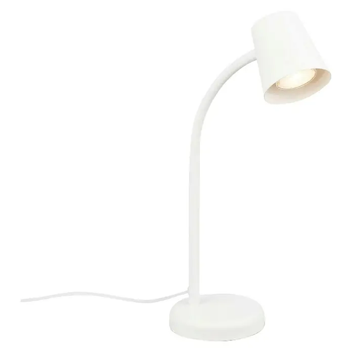 Prisma Leuchten Lámpara de sobremesa Skriva - 9 W, Blanco, GU10 - Primer plano de una lámpara de escritorio blanca con brazo flexible y pantalla cónica, que proporciona una luz suave y focalizada.