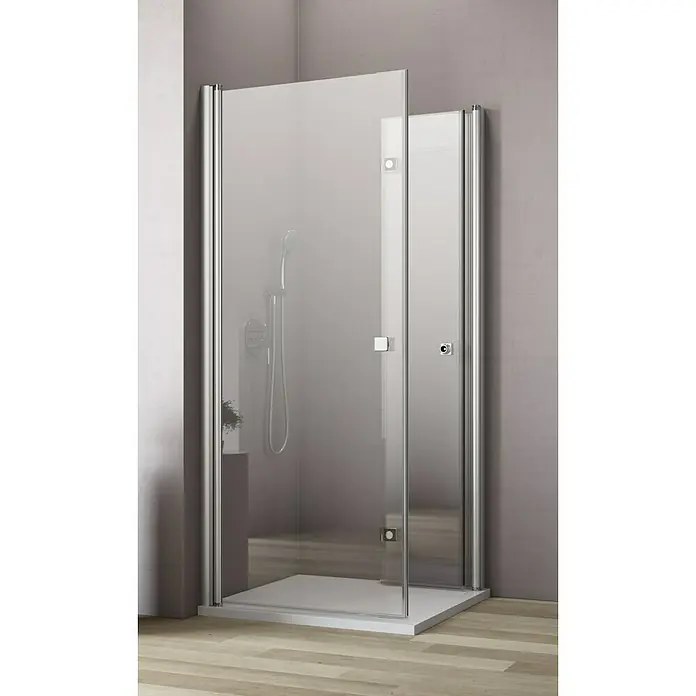 GEO Hit Eckdusche B-E140 - L x B x H: 90 x 90 x 202,2 cm, Unbeschichtet, Silber, Glasstärke: 6 mm - Elegante Duschkabine mit klaren Glaswänden und schlanken, silbernen Rahmen, die ein modernes Badezimmerdesign unterstreicht. Die Duschabtrennung bietet Komfort.