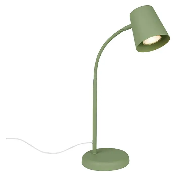Prisma Leuchten Lámpara de sobremesa Skriva - 9 W, Verde, GU10 - Primer plano de una lámpara de escritorio verde oliva con cuello de cisne y forma de cono para iluminación enfocada.