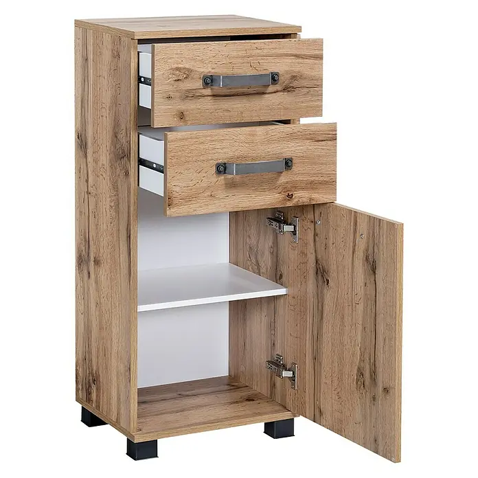 Schildmeyer Milan Unterschrank - 40,5 x 32 x 95 cm, Wotaneiche - Modernes Badezimmermöbel mit zwei Schubladen und einer Tür, ideal für zusätzlichen Stauraum. Holzstruktur für eine natürliche Optik.