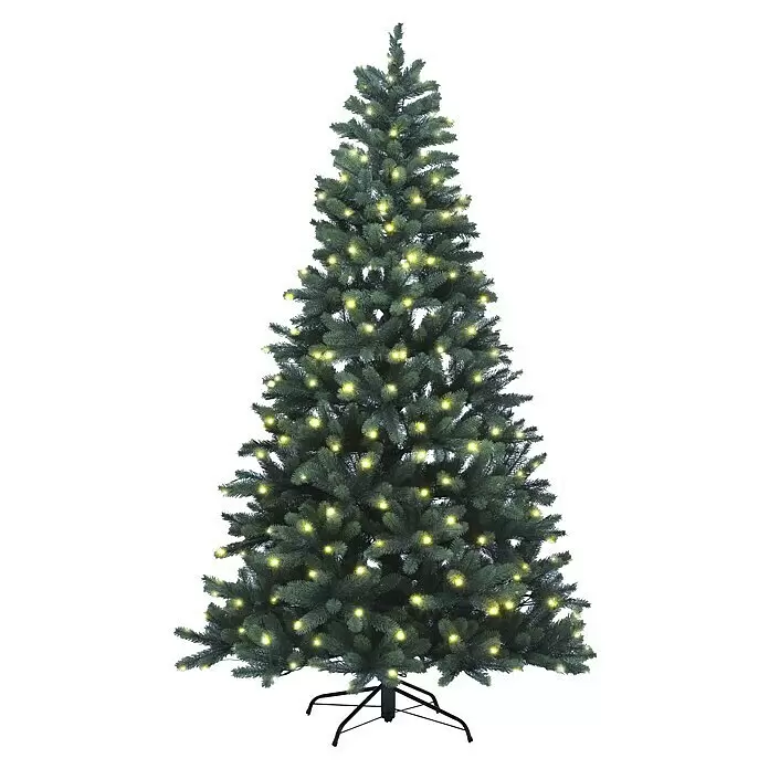 Xenotec Künstlicher Weihnachtsbaum - Höhe: 210 cm, Grün, LED-Beleuchtung - Vorgeleuchteter künstlicher Weihnachtsbaum mit warmweißen Lichtern und schwarzem Ständer.