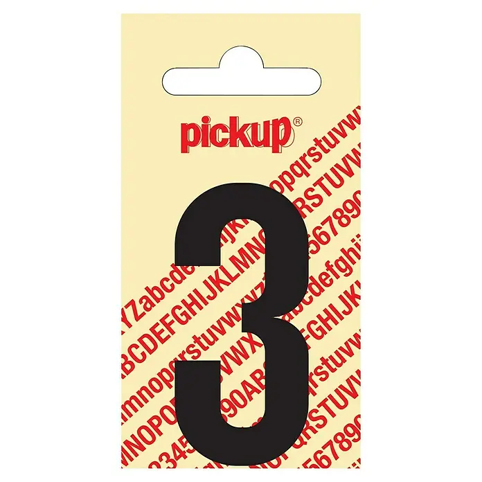 Pickup Aufkleber - Motiv: 3, Schwarz, Höhe: 60 mm - Abbildung einer schwarzen Pickup-Hausnummer 3 auf beigem Hintergrund mit roten Buchstaben.