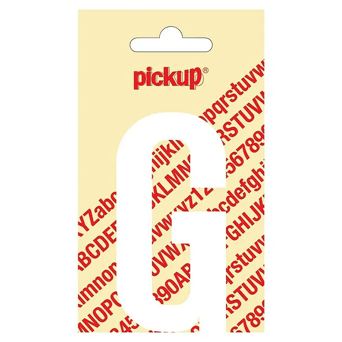Pickup Aufkleber - Motiv: G, Weiß, Höhe: 90 mm - Auf dem Bild ist ein Pickup-Buchstabe G Aufkleberbogen zu sehen, der rote Buchstaben und Zahlen auf beigem Grund zeigt.
