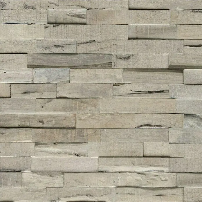 Indo Wandpaneel 3D Wall Slimwood Gun Smoked - Hevea, 560 x 200 x 8 mm - Attraktive Wandverkleidung aus hellem Holz. Die einzelnen Holzstücke sind unterschiedlich dick, was einen 3D-Effekt erzeugt und die Wand optisch aufwertet.
