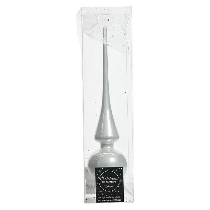 Decoris Christbaumspitze - Ø x H: 6 x 26 cm, Glas, 1 Stk., Winterweiß - Eine silberne Christbaumspitze aus Glas in einer transparenten Verpackung.