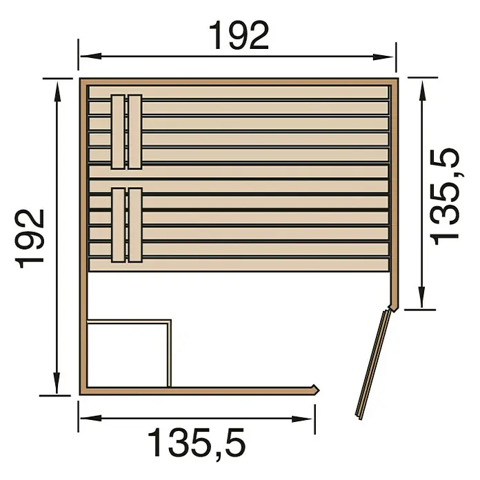 Weka Massivholzsauna Laukkala 3 GTF - Ohne Ofen, L x B x H: 192 x 192 x 200 cm, Inkl. Spezial-Saunenleuchten-Set - Detaillierte Ansicht einer Sauna mit genauen Maßangaben (192x192 cm, 135,5x135,5 cm) und Sitzbankanordnung.