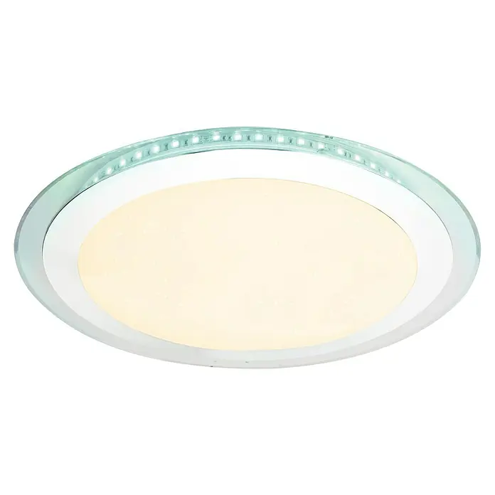 Lavida LED-Deckenleuchte rund Arrco - 30 W, Ø x H: 405 mm x 9 cm, Opal, RGB - Nahaufnahme einer runden Deckenleuchte mit LED-Beleuchtung und einem hellen, diffusen Licht in der Mitte.