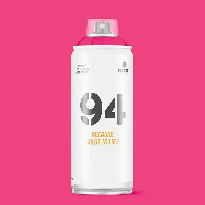 mtn Pintura decorativa en spray 94 - Rosa rosario, Mate, 400 ml - Un aerosol MTN 94 de color rosa brillante sobre un fondo a juego. Ideal para proyectos creativos de graffiti y arte.
