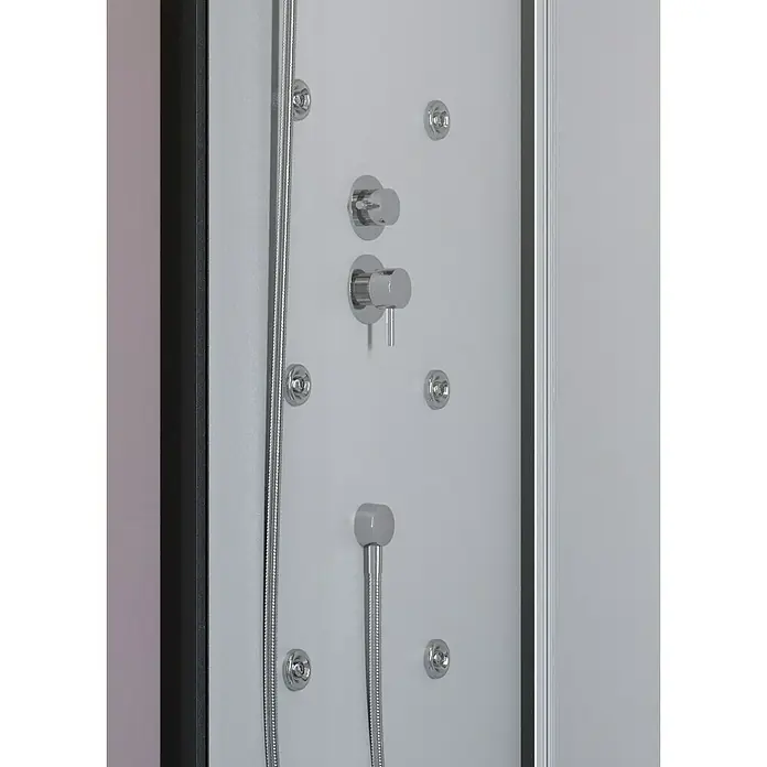 GEO Fix Komplettdusche - 80 x 110 x 215 cm, Weiß/Schwarz - Elegantes Duschpaneel mit Chrom-Armaturen und Massagedüsen für ein luxuriöses Duscherlebnis.