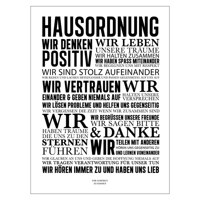 ProArt Type Hype Leinwandbild - Hausordnung II, B x H: 60 x 80 cm - Diese dekorative Wandkunst zeigt eine Hausordnung mit inspirierenden Zitaten in deutscher Sprache, ideal für ein harmonisches Zuhause.