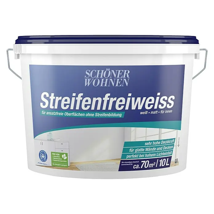 SCHÖNER WOHNEN-Farbe Wandfarbe Streifenfreiweiß - Weiß, Matt, 10 l, Konservierungsmittelfrei - Farbdose Schöner Wohnen Streifenfreiweiss, Innenfarbe für ansatzfreie Oberflächen, weiß matt, hohe Deckkraft für glatte Wände und Decken.