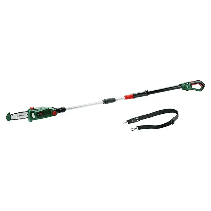 Bosch Power for All 18V Akku-Hochentaster UniversalChainPole 18 - 18 V, Li-Ionen, Ohne Akku - Das Bild zeigt eine Akku-Hochentaster von Bosch, ein nützliches Werkzeug für die Gartenarbeit, zusammen mit einem Tragegurt.
