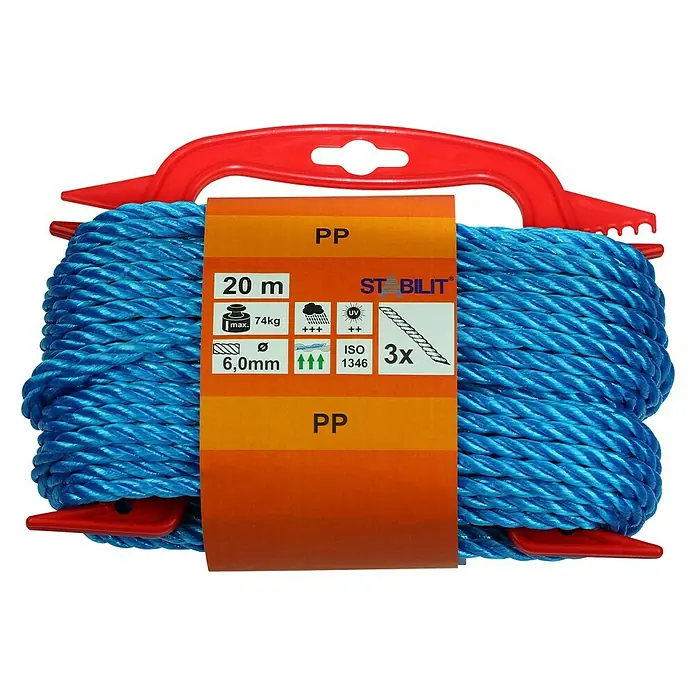 Stabilit PP-SeilØ x L: 6 mm x 20 m, Polypropylen, Blau, 3-schäftig gedreht - Eine blaue Polypropylen-Richtleine (20 m) mit rotem Griff und Etikett mit Produktinformationen.