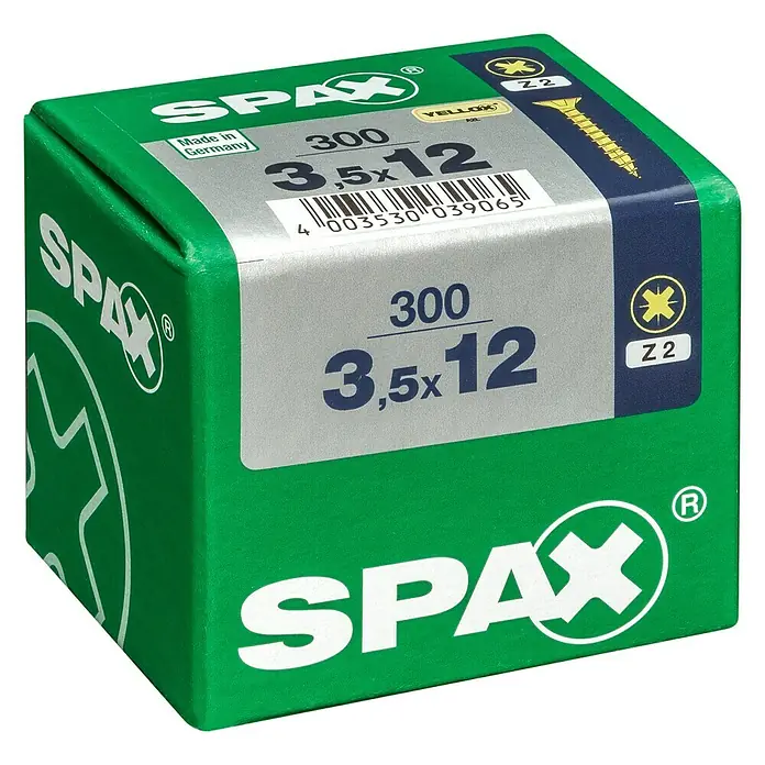 Spax Universalschraube - 3,5 x 12 mm, Vollgewinde, 300 Stk. - Eine grüne Schachtel Spax Schrauben, ideal für Heimwerker und Profis. Die Schachtel enthält 300 Schrauben der Größe 3,5x12 mm.