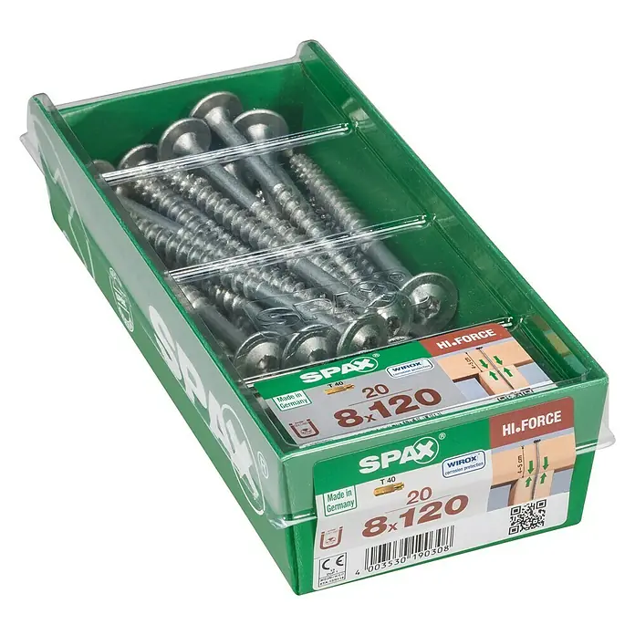 Spax HI FORCE Tellerkopfschraube HI.FORCE - Ø x L: 8 x 120 mm, WIROX Oberfläche, T-Star plus, 20 Stk. - Eine grüne Packung SPAX Universalschrauben 8x120 mm mit Senkkopf und Teilgewinde, ideal für Holzverbindungen im Innen- und Außenbereich.