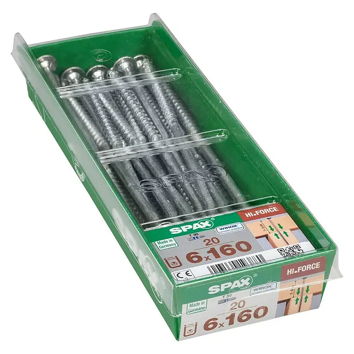 Spax HI FORCE Tellerkopfschraube HI.FORCE - Ø x L: 6 x 160 mm, WIROX Oberfläche, T-Star plus, 20 Stk. - Packung mit SPAX Universalschrauben 6x160 mm, ideal für vielfältige Anwendungen im Innen- und Außenbereich, mit WIROX-Oberfläche für erhöhten Korrosionsschutz.