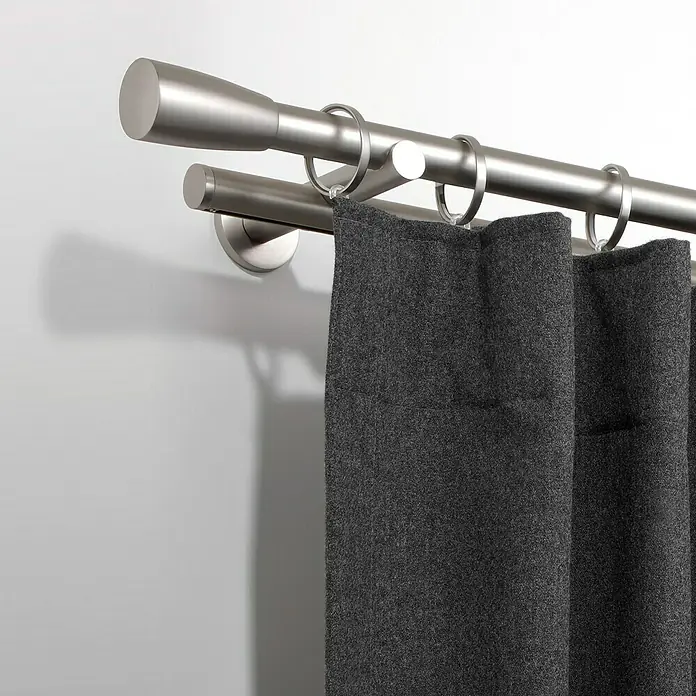 Expo Ambiente Endstück Noble - Edelstahloptik, Geeignet für: Gardinenstangen Ø 25 mm - Doppel Vorhangstange aus gebürstetem Nickel mit Vorhängen in Anthrazitgrau. Elegantes und modernes Design für Ihr Zuhause.