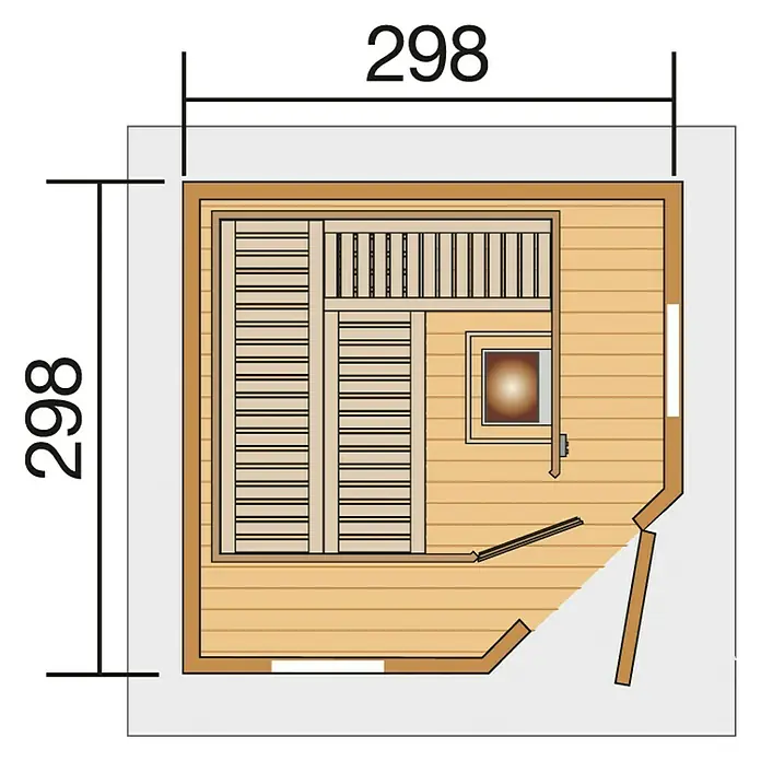 Weka Saunahaus SALO 7,5 kW BioS Gr. 1 - Bioofen, Steuerung Ofen: Extern, L x B x H: 338 x 237 x 338 cm, Natur - Draufsicht auf eine Sauna mit den Maßen 298 x 298 cm, die eine Inneneinrichtung mit Holzbänken und einem Ofen zeigt.