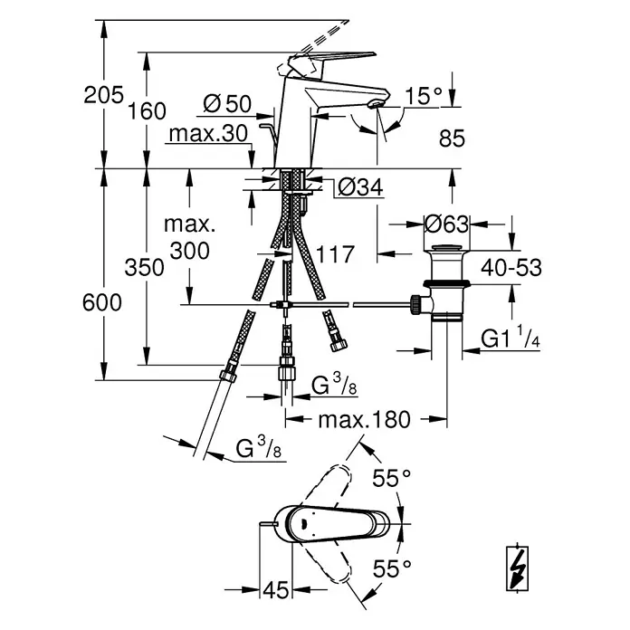 Grohe Eurodisc Cosmopolitan Waschtischarmatur S-Size - Niederdruck, Chrom, Glänzend - Technische Zeichnung einer Grohe Waschtischarmatur mit Maßangaben zu Höhe, Ausladung und Anschlüssen für Installation.