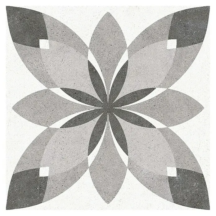 Feinsteinzeugfliese Vintage Mix - 25 x 25 cm, Weiß/Grau, Matt - Elegante graue Fliesen mit einem floralen Muster, ideal für stilvolle Innenräume und zur Gestaltung von Böden und Wänden.