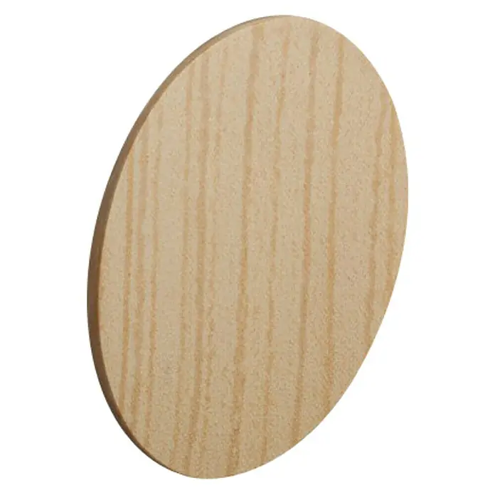 Stabilit Tapón embellecedor - Diámetro: 14 mm, Pino - Un disco de madera ovalado de color claro con vetas visibles, perfecto para manualidades y proyectos de personalización.