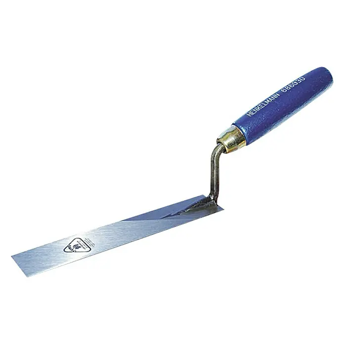 Jung Henkelmann Berliner-Stecherkelle - 30 mm, Qualitätsstahl gehärtet - Spachtel mit blauem Griff, ideal für präzise Arbeiten. Das Werkzeug zeichnet sich durch seine schmale Klinge aus und liegt gut in der Hand.