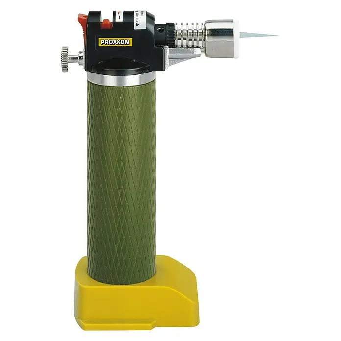 Proxxon Brenner Microflam MFB/E -  - Ein PROXXON Microflam-Gerät mit einem grünen Griff und einem gelben Ständer, ideal für feine Lötarbeiten und Modellbau.