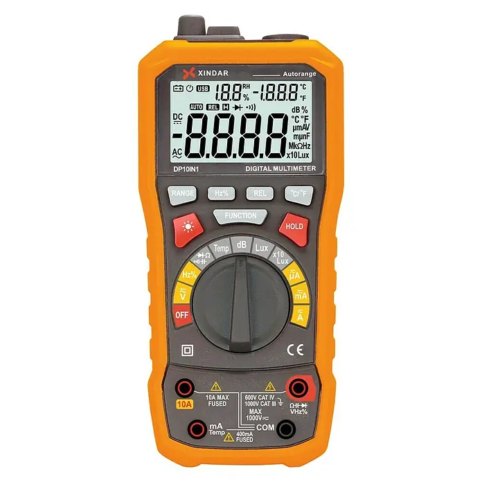 Xindar Multímetro digital Profesional DP10IN1 - Número de polos: 2 ud., Medición de frecuencia, IP20 - Imagen de un multímetro digital naranja XINDAR DP10IN1, diseñado para mediciones y pruebas electrónicas precisas.