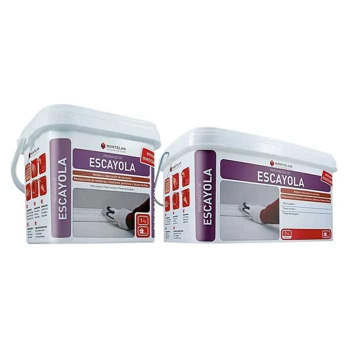 Gecol Enlucido de escayola Mortelan - 1 kg - Dos cubos de emplaste preparado Mortelan para estuco, 1 kg y 3 kg, ideal para reparaciones de estuco.