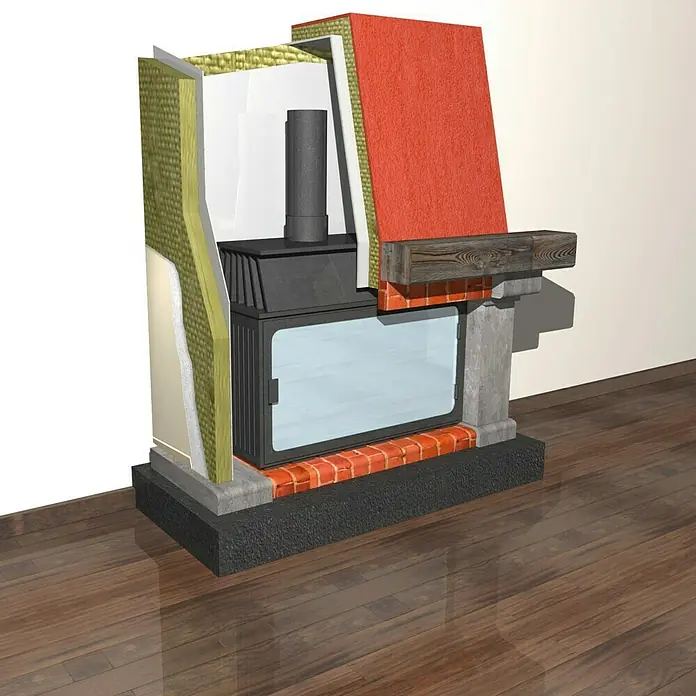 Isover Lana mineral Rocflam - L x An x Es: 1 m x 0,6 m x 30 mm - Sección transversal de una chimenea que detalla el aislamiento y la construcción. La chimenea cuenta con ladrillo y piedra.