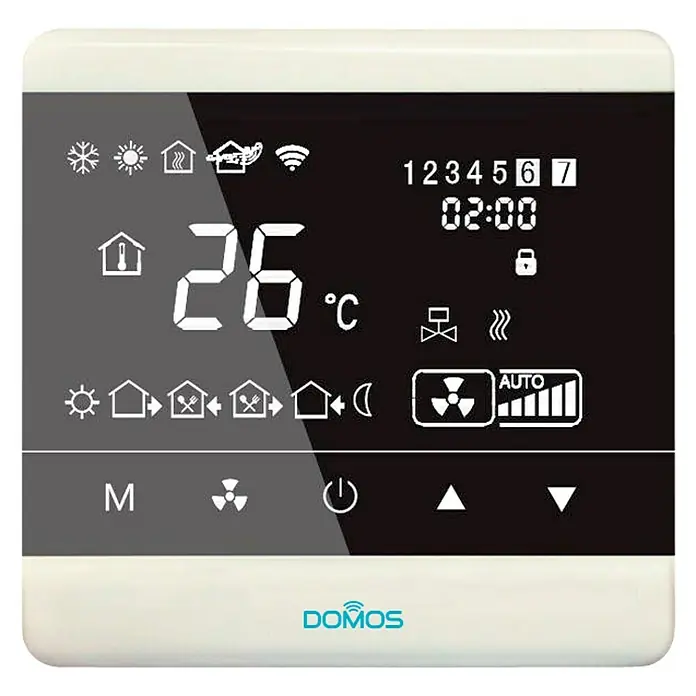 Domos Termostato inteligente WiFi - Otras propiedades: Instalación sencilla - Imagen de una unidad de control climático digital DOMOS utilizada para la regulación de la temperatura interior.\n