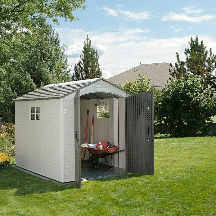 Gerätehaus Phoenix - Außenbreite inkl. Dachüberstand: 206 cm, Außentiefe inkl. Dachüberstand: 280 cm, Kunststoff, Lichtgrau/Anthrazit - Offener, geräumiger Gartenschuppen mit Werkzeugen, der viel Stauraum bietet und sich perfekt für die Gartenarbeit eignet.