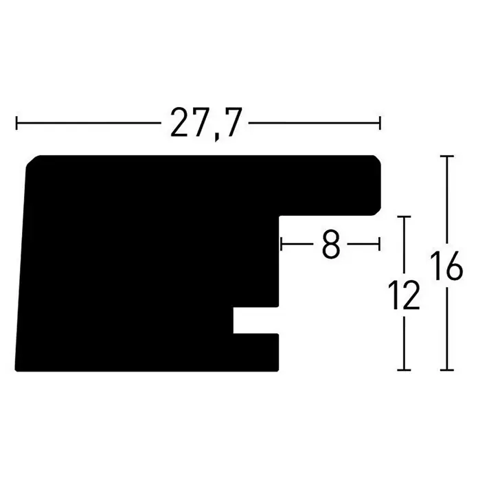 Accent Holzrahmen Oslo - 50 x 70 cm, Weiß - Detaillierte Skizze eines Profils mit Maßangaben (27,7, 8, 16, 12), ideal für technische Zeichnungen und Produktinformationen.