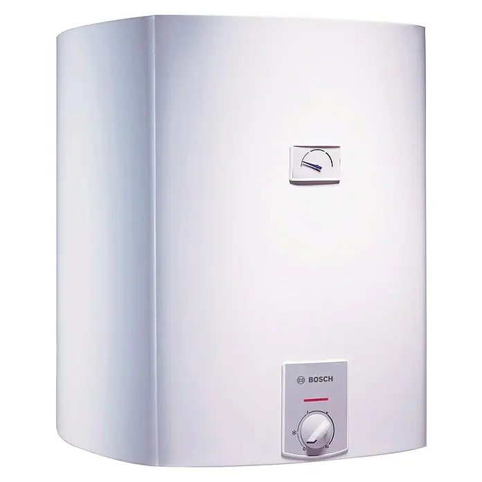 Bosch Warmwasserspeicher Tronic Plus - 30 l, 2.000 W, Temperaturbereich: 35 °C - 75 °C, Wandmontage - Ein weißer Bosch Warmwasserbereiter mit Temperaturanzeige und Drehregler für die Temperatureinstellung.