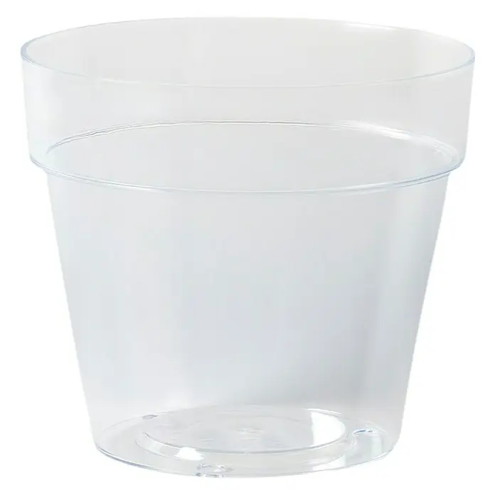 Maceta para planta Queens - Dimensiones externas (Ø x Al): 14 x 12,5 cm, Plástico, Transparente - Vaso de plástico transparente y vacío con un borde ancho, ideal para bebidas en fiestas y eventos, mostrando claridad y funcionalidad.