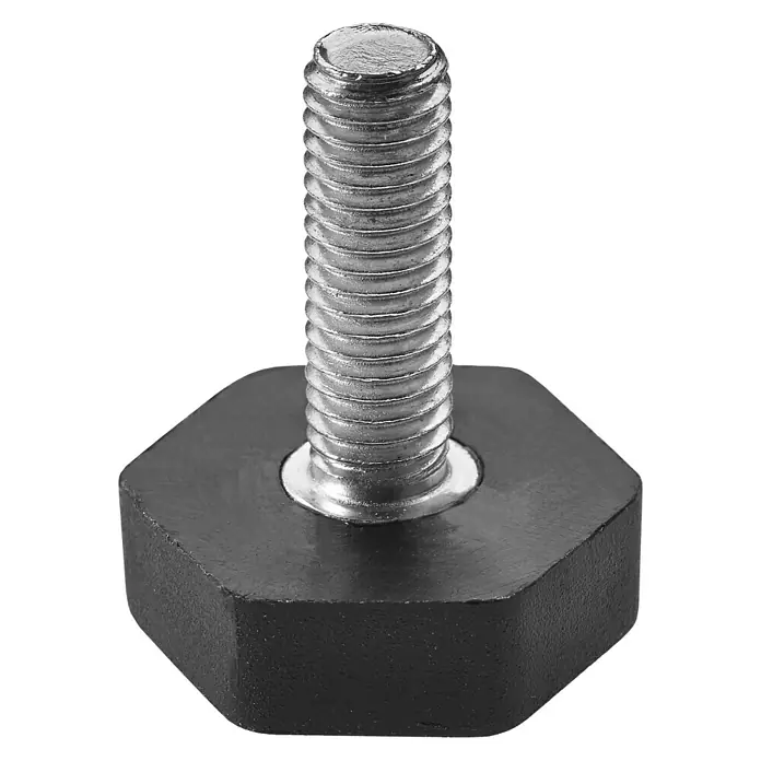 Hettich Regulierschrauben - Länge: 30 mm, M 10 - Nahaufnahme eines Möbelfußes mit Gewindezapfen und sechseckigem, schwarzem Fuß zur optimalen Nivellierung und Stabilität.