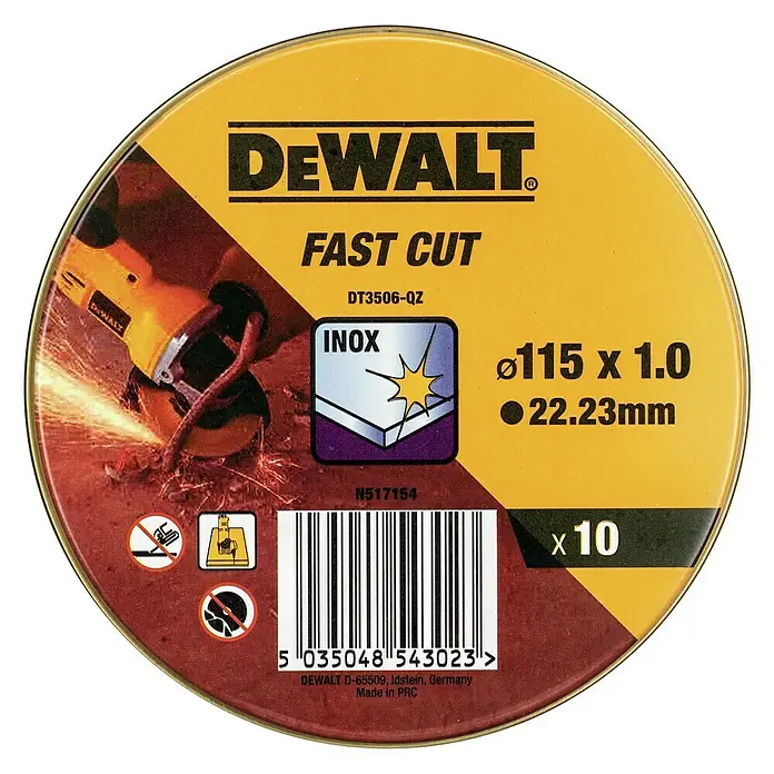 DeWalt Fast Cut Disco de corte DT3506-QZ - Orificio: 22,23 mm - Primer plano de un disco de corte DeWalt, ideal para cortes rápidos y precisos, especialmente adecuado para acero inoxidable (INOX).