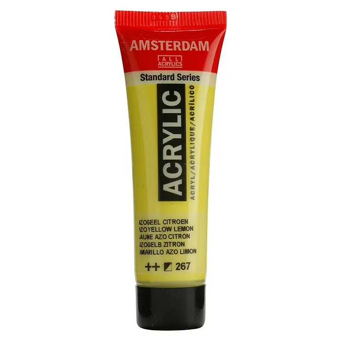 Talens Amsterdam Pintura acrílica Standard - Amarillo azo limón, 20 ml, Tubo - Primer plano de un tubo de pintura acrílica Amsterdam Standard Series en Azogeel Citroen, ideal para artistas y artesanos.