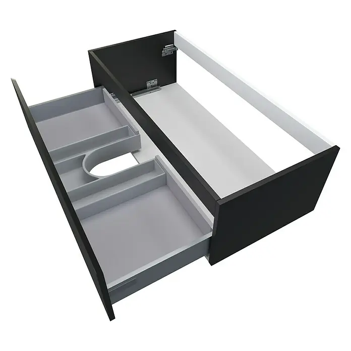 Camargue Espacio Waschtischunterschrank - 100 x 46 x 30 cm, Gama anthrazit matt - Aufnahme eines schwarzen Badezimmerschranks mit zwei Auszügen, der elegante Stauraum und Organisation bietet.