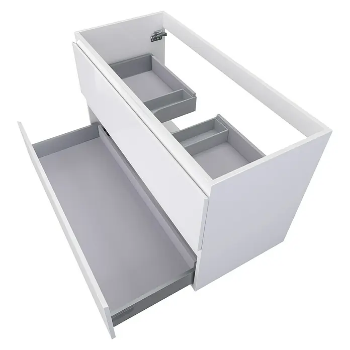 Camargue Espacio Waschtischunterschrank - 100 x 46 x 60 cm, 2 Schubkästen, Gama weiß glänzend - Bild eines weißen Badezimmerschranks mit offenen Schubladen, der sein graues Innenleben und sein modernes Design zeigt.